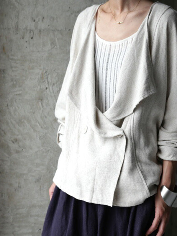 Casual Loose Solid Color Buttoned Lapel Collar Long Sleeves Outwear