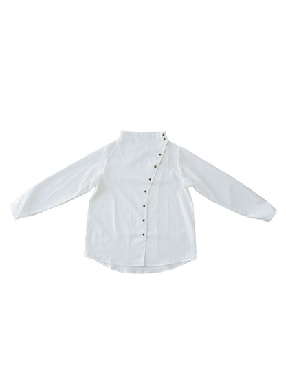 Loose Casual Solid Color Buttoned High-Neck Long Sleeves Blouse