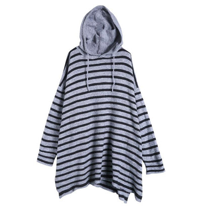Buykud Split Hem Horizontal Stripes Knitted Hoodie
