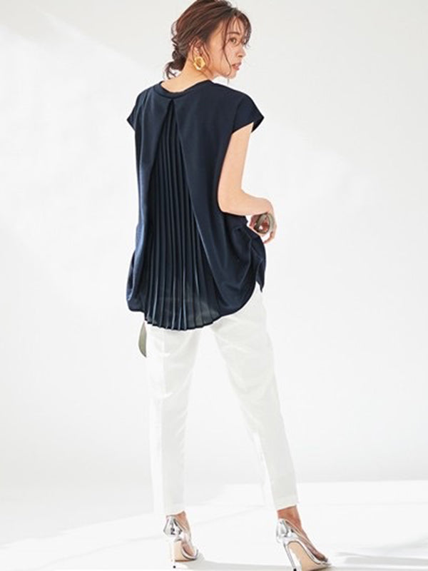 Simple Solid Color Pleated Round-Neck Short Sleeves T-Shirt