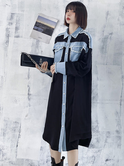Original Stylish Loose Denim Split-Joint With Pocket Buttoned Lapel Collar Long Sleeves Midi Shirt Dress