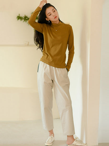 Simple Long Sleeves Elastics Solid Color High-Neck T-Shirts Tops