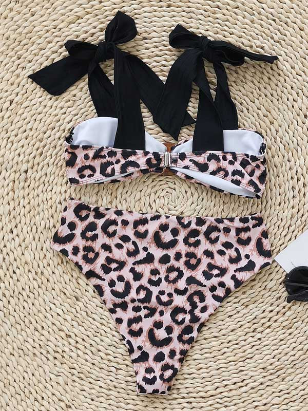 Leopard Printed High-Waisted Bowknot Bikini Swimwear