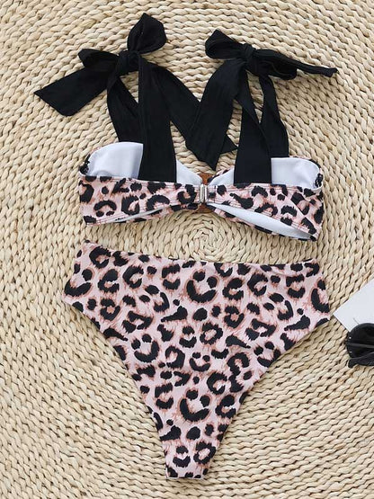 Leopard Printed High-Waisted Bowknot Bikini Swimwear