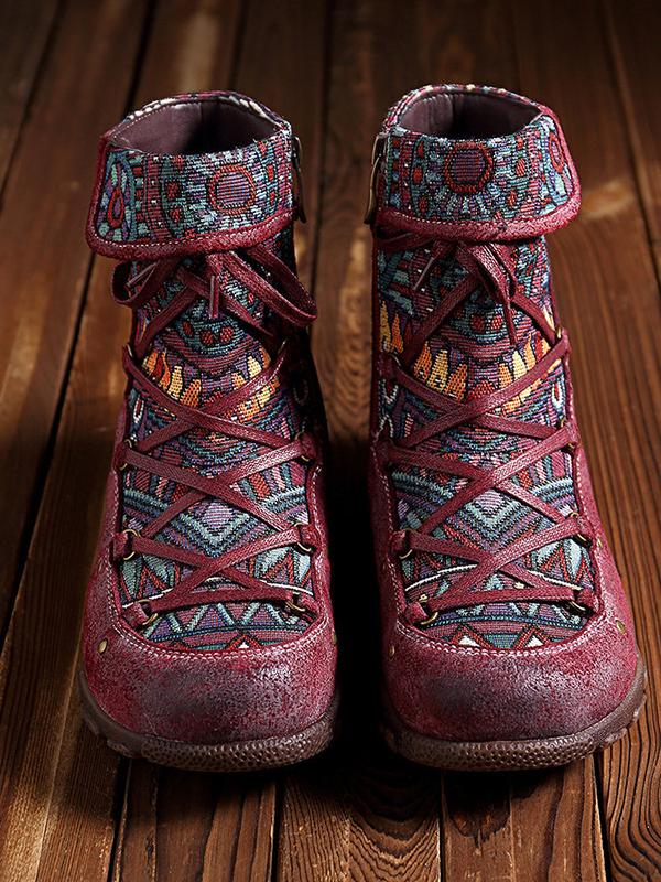 Printed Zipper Bandage Leather Boots