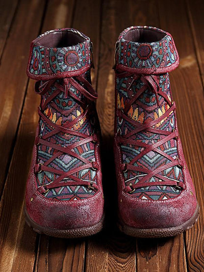 Printed Zipper Bandage Leather Boots