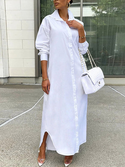 Simple Loose Solid Color Long Sleeves Maxi Dress Shirt Dress