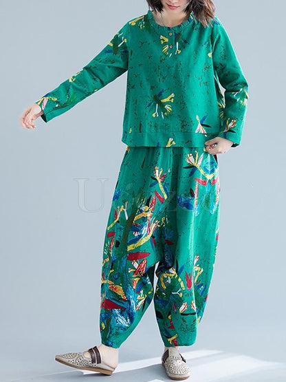 Casual Floral Printed Blouses&Pants Suits