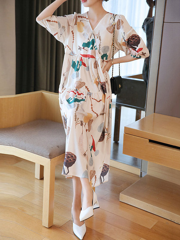 Original Printing Split-Joint V-Neck Midi Dress