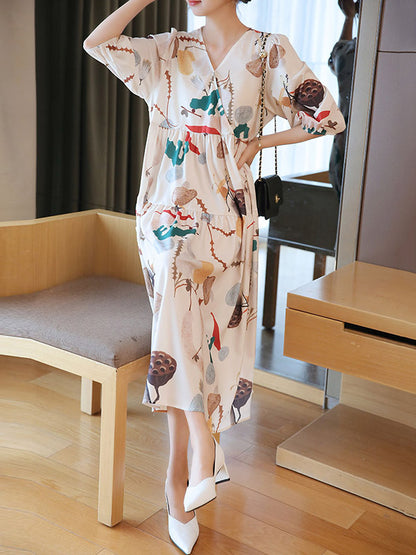 Original Printing Split-Joint V-Neck Midi Dress