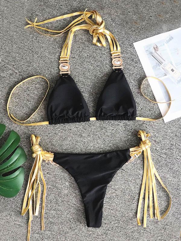 Gorgeous Embellished Triangles Bandage Split Bikini Swimsuit