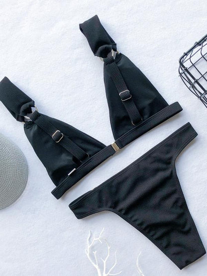 Ribbed Balconette Plain Bikini Swimsuit