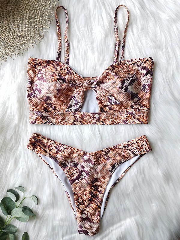 Snake-Print Knotted Split Bikini Swimsuit