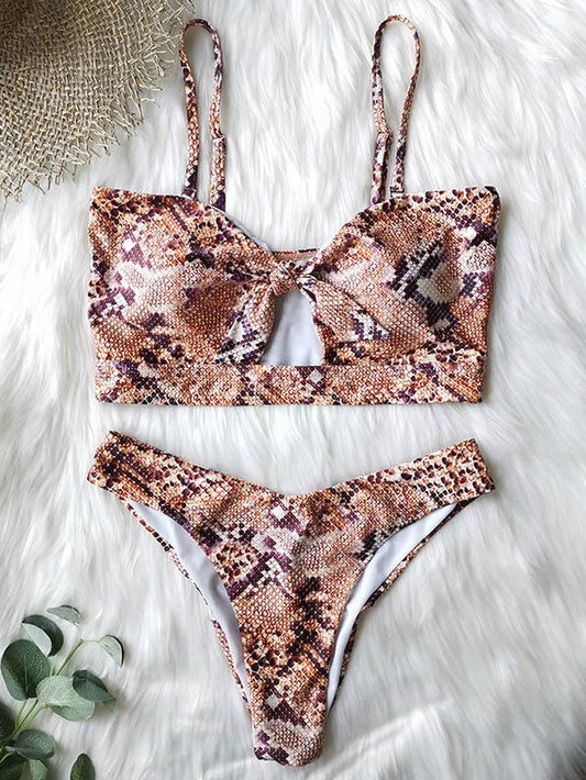 Snake-Print Knotted Split Bikini Swimsuit