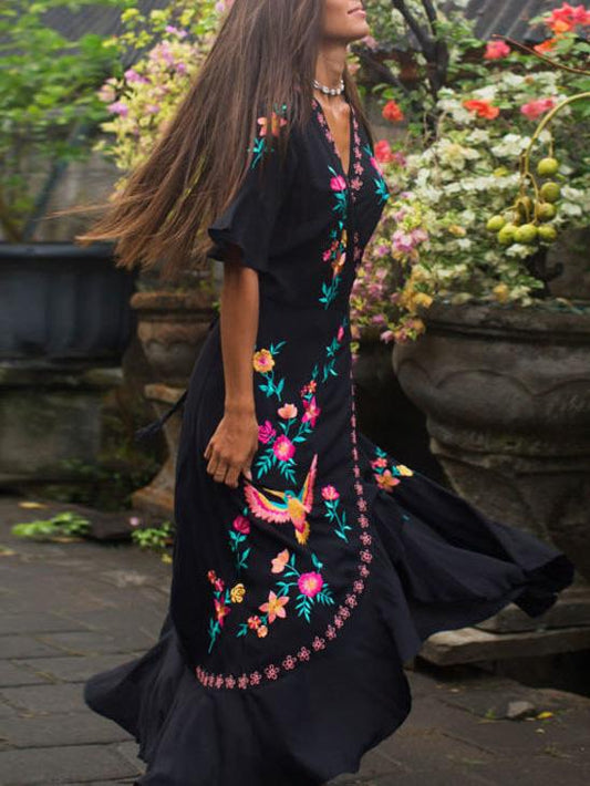 Embroidered V-neck Lace-up Dress