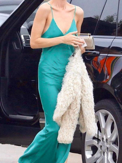Sloid Color Spaghetti-neck Maxi Dress