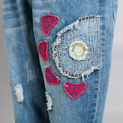 Casual Appliques Frayed Light Blue Jeans