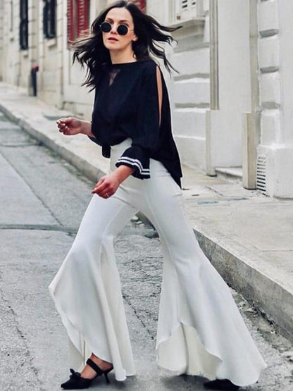 White Asymmetric Split-joint Bell-bottoms