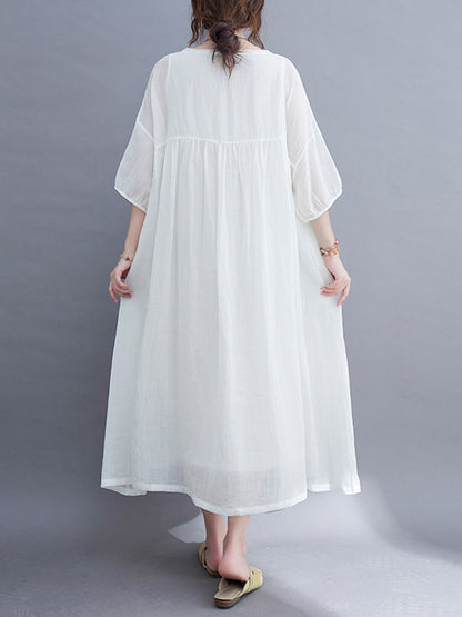 Simple Solid Color Puff Sleeve Midi Dress