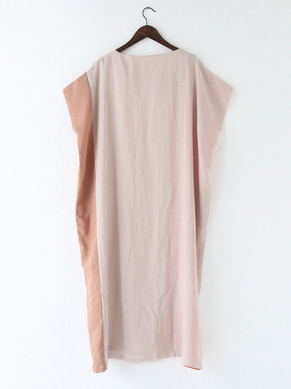 Original Linen Split-Joint Contrast Color Round-Neck Batwing Sleeve Midi Dress
