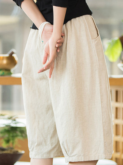 Artistic Retro Loose Ramie Cotton Solid Color Elasticity Shorts