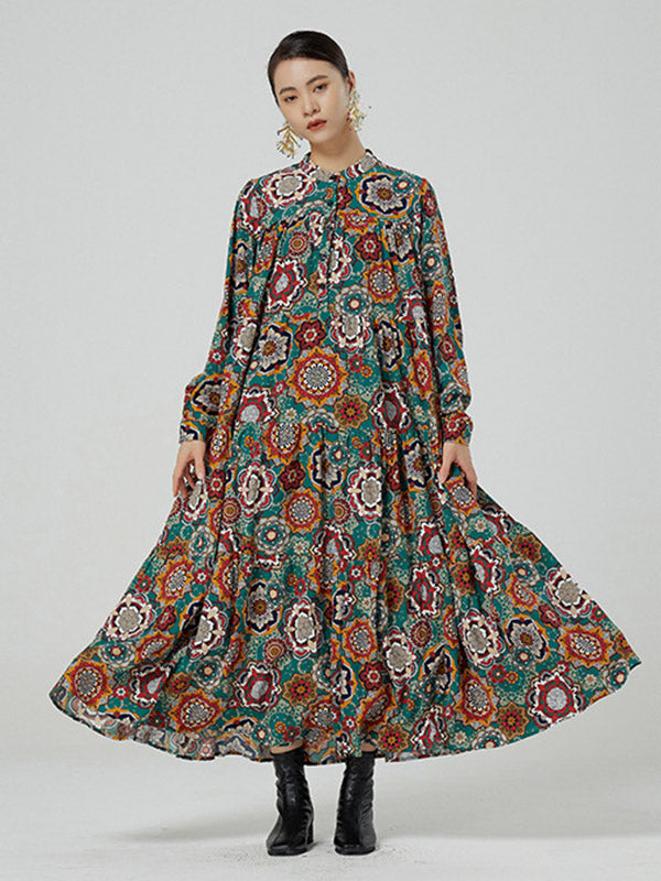 National Floral Printed Buttoned Pleated Stand Collar Long Sleeves Midi Dress