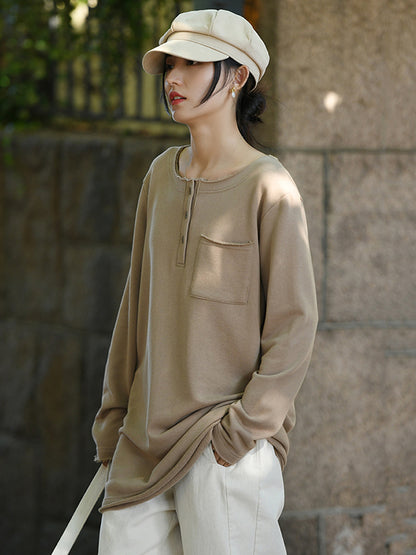 Artistic Retro Long Sleeves Loose Solid Color Round-Neck T-Shirts Tops