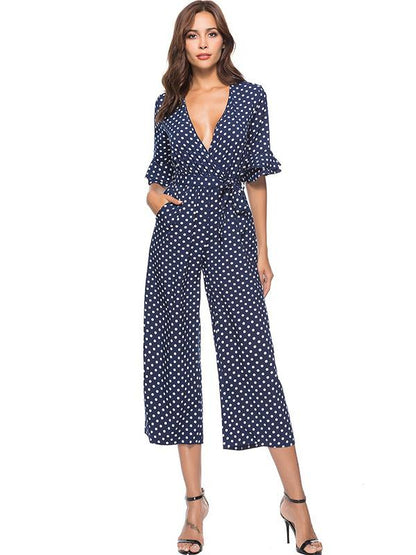 Printed Belted V-neck Half Sleeves Jumpsuit