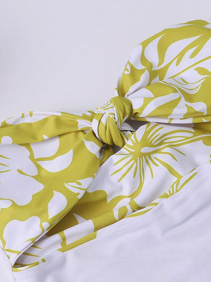 Strapless Bowknot Floral Printed One-Piece Swimwear