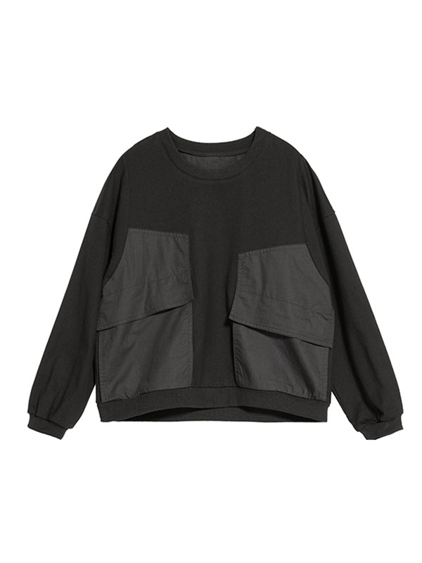 Casual Black Split-Joint Big Pocket Long Sleeves Round-Neck T-Shirt