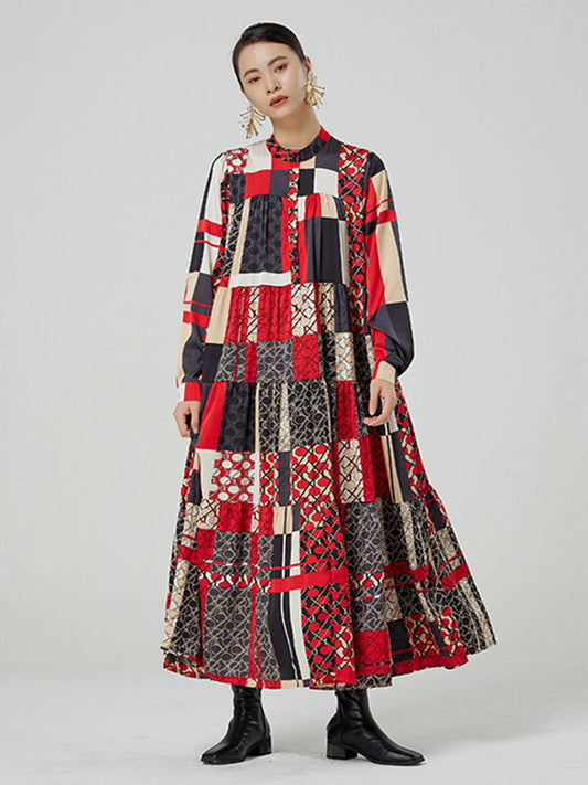 Original Bohemia Pleated Buttoned Stand Collar Long Sleeves Midi Dress