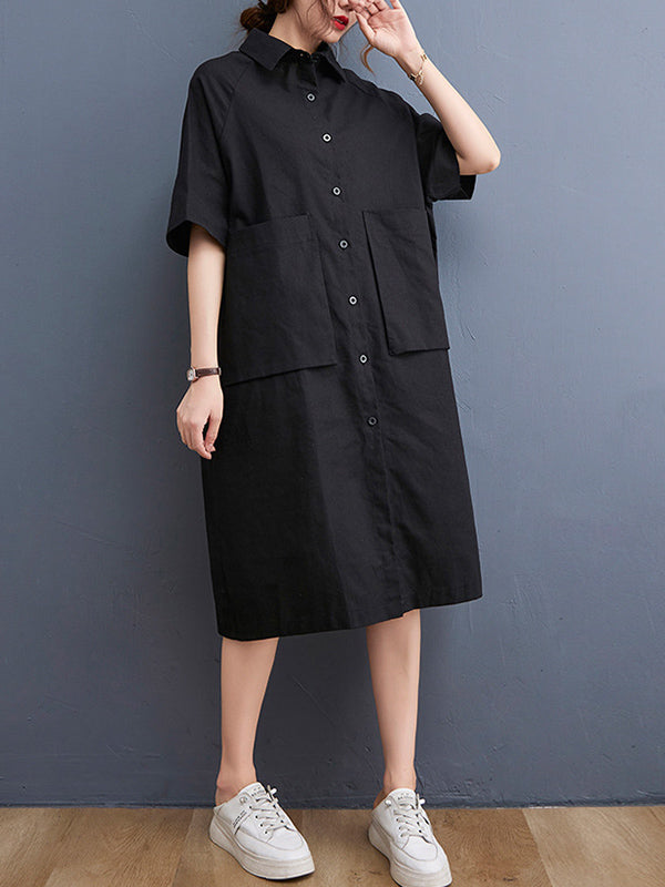 Original Solid Color With Pocket Lapel Shirt Dress