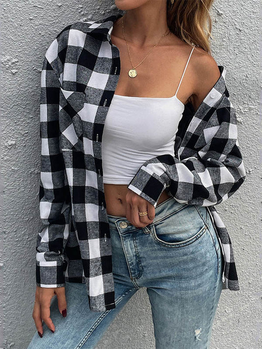 Causal Lapel Buttoned Plaid Long Sleeves Blouses