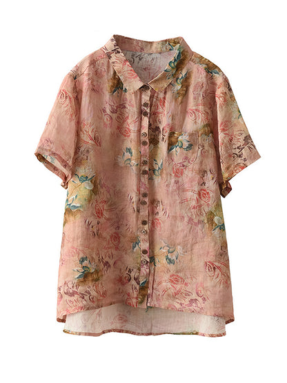 Vintage Artistic Retro Loose Floral Printed Ramie Cotton Blouse