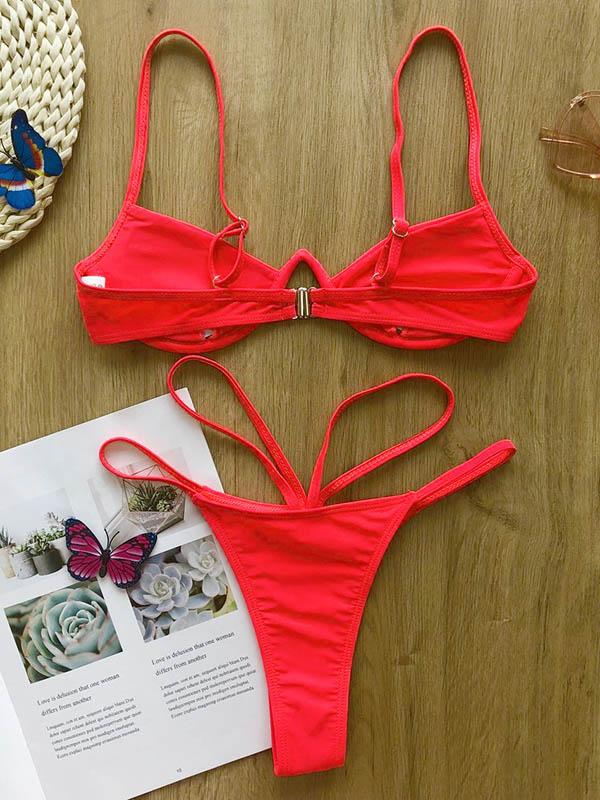 Solid Color Underwired Split Bikini Swimsuit