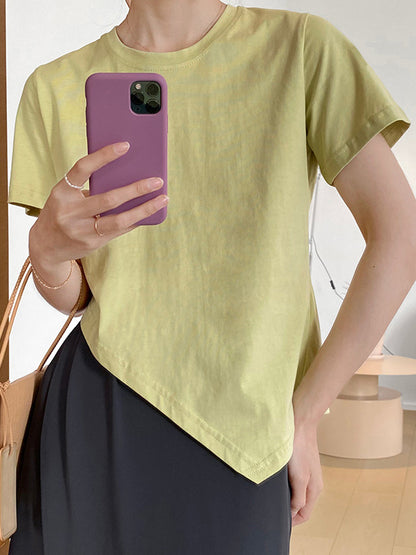 Casual Solid Color Asymmetric Round-Neck Short Sleeves T-Shirt
