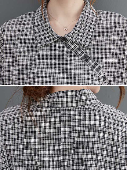 Artistic Retro Irregular Split-Joint Plaid Pleated Buttoned Elasticity Waist Lapel Collar Long Sleeves Midi Shirt Dress