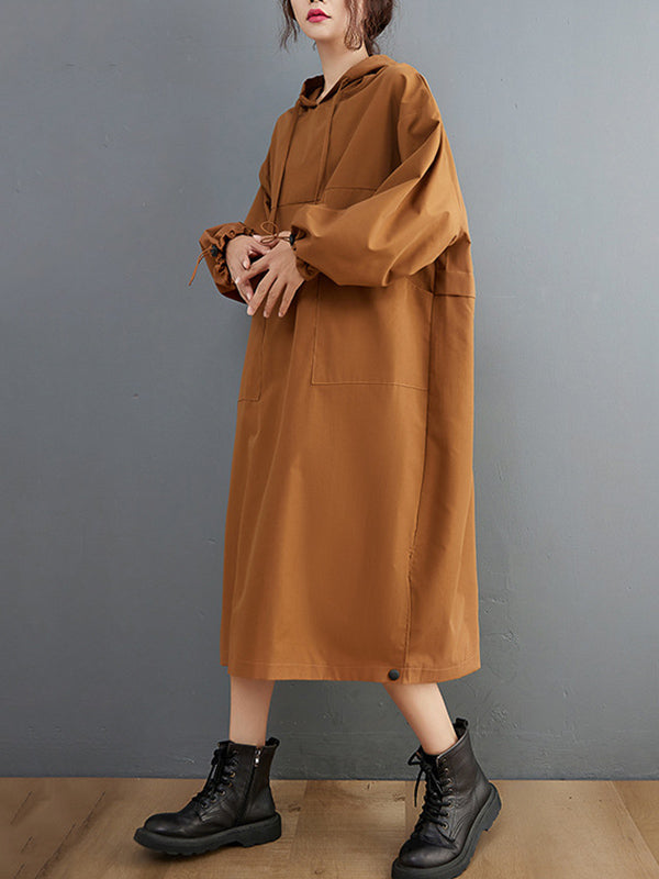 Casual Split-Side Solid Color Hooded Drawstring Long Sleeves Midi Dress