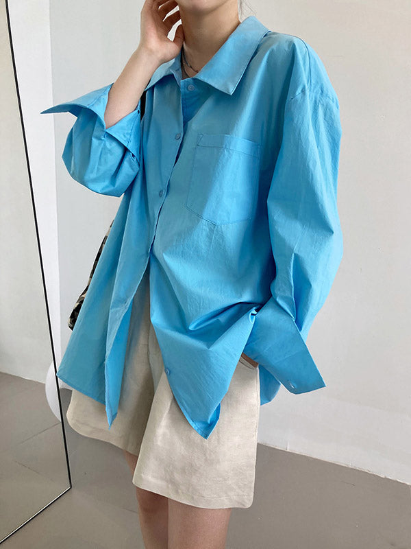 Simple Solid Color Split-Joint With Pocket Buttoned Lapel Collar Long Sleeves Blouse