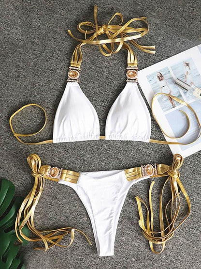 Gorgeous Embellished Triangles Bandage Split Bikini Swimsuit