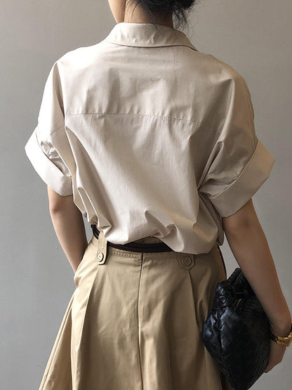 Simple Urban Solid Color Pleated Lapel Collar Short Sleeves Blouse