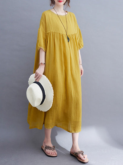 Simple Solid Color Puff Sleeve Midi Dress