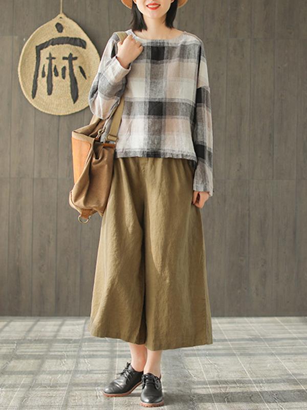 Ramie Cotton Plaid High-low Loose Fresh Shirt Top