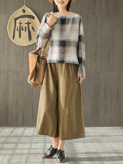 Ramie Cotton Plaid High-low Loose Fresh Shirt Top