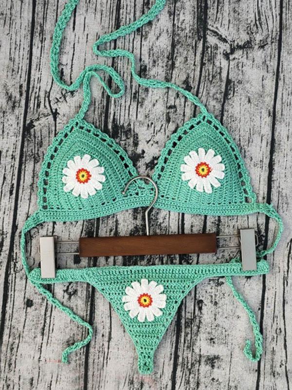 Crochet Floral Split Bikini Swimsuit