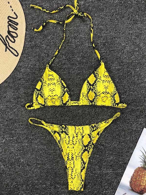 Snakeskin Print Top With High Cut Bikini Set