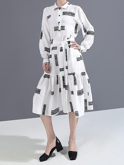 Lapel Collar Long Sleeve Loose Style Printed Belted Dress