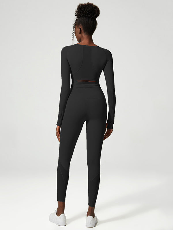 Solid Color U-Neck Long Sleeves Tees&Leggings Suits