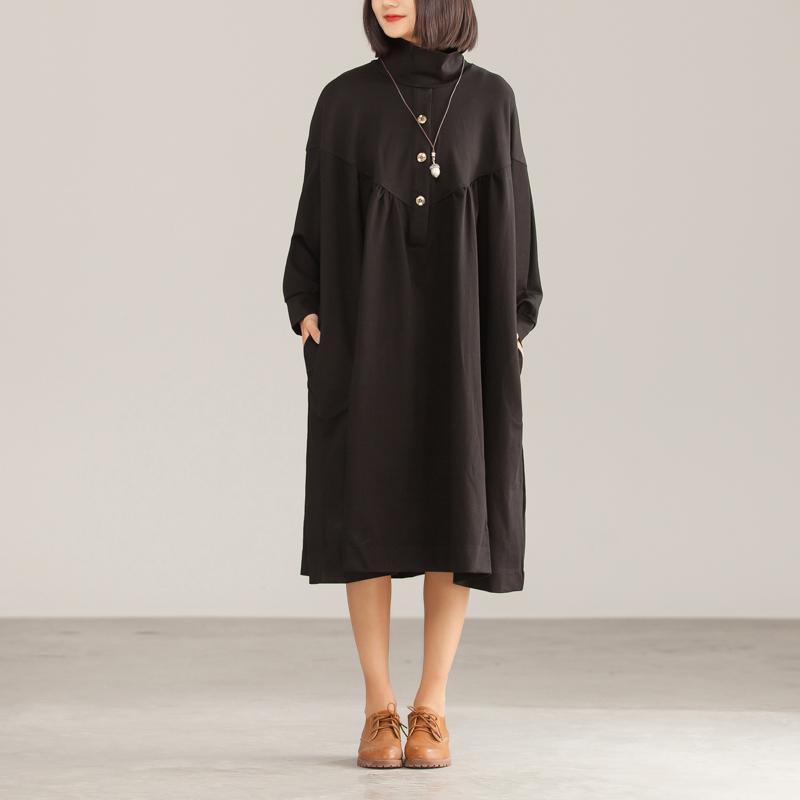 Cotton Solid Black Loose A-Line Long Sleeve Dress