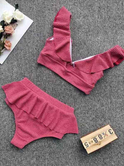 Textured Ruffled Top With High Cut Bikini Set